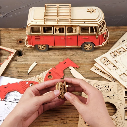 Retro Bus 3D Wooden Puzzle European-style Assembled DIY Building Model