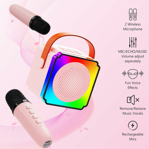 Mini Karaoke Machine Portable Bluetooth Speaker with 2 Wireless Microphones