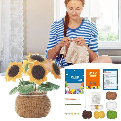 Crochet Potted Flower Wool Crocheting Flower Complete Kit DIY Artificial Plants